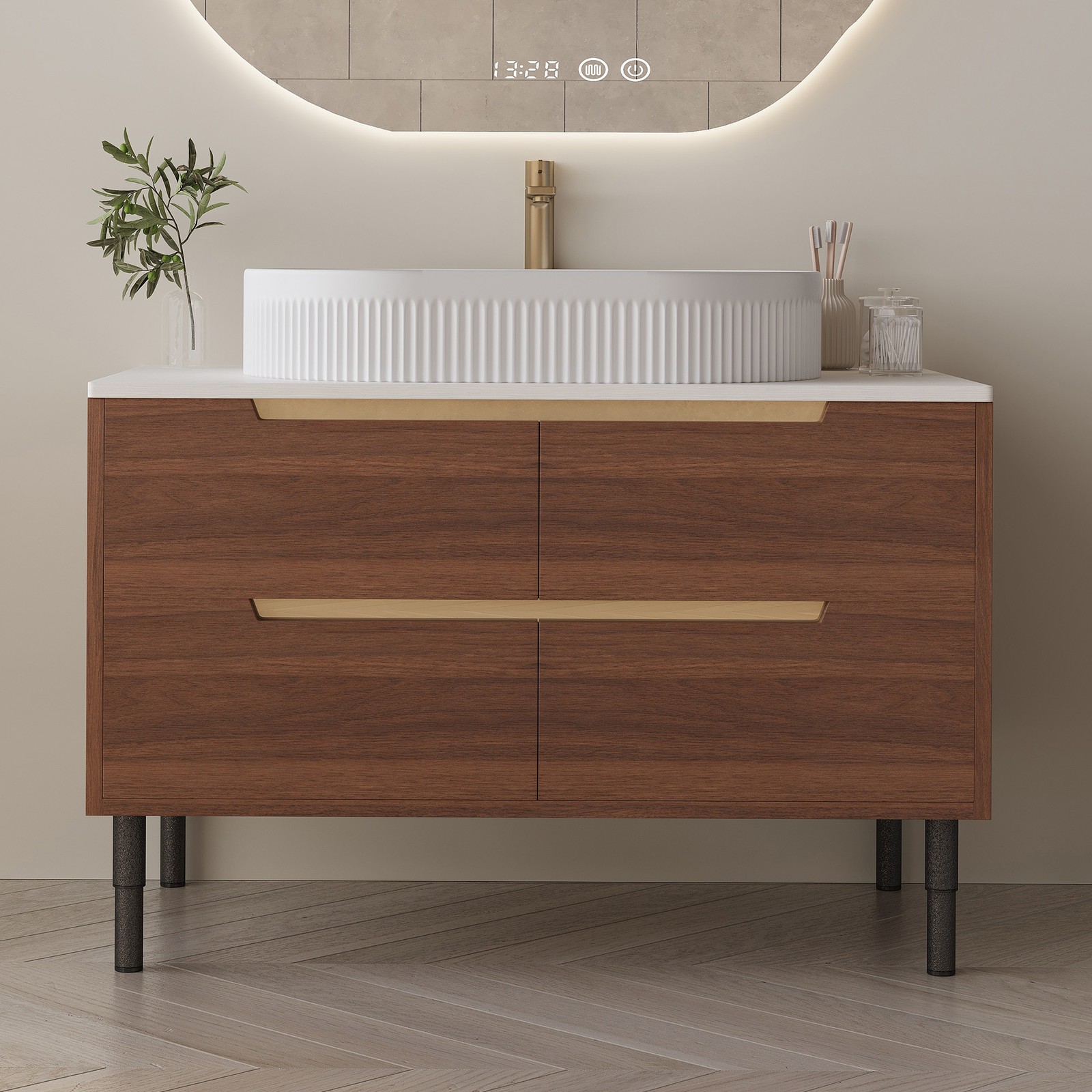 Bathroom Vanity w/Ceramic Integrated Sink, Storage Cabinet w/Soft-Close Drawers