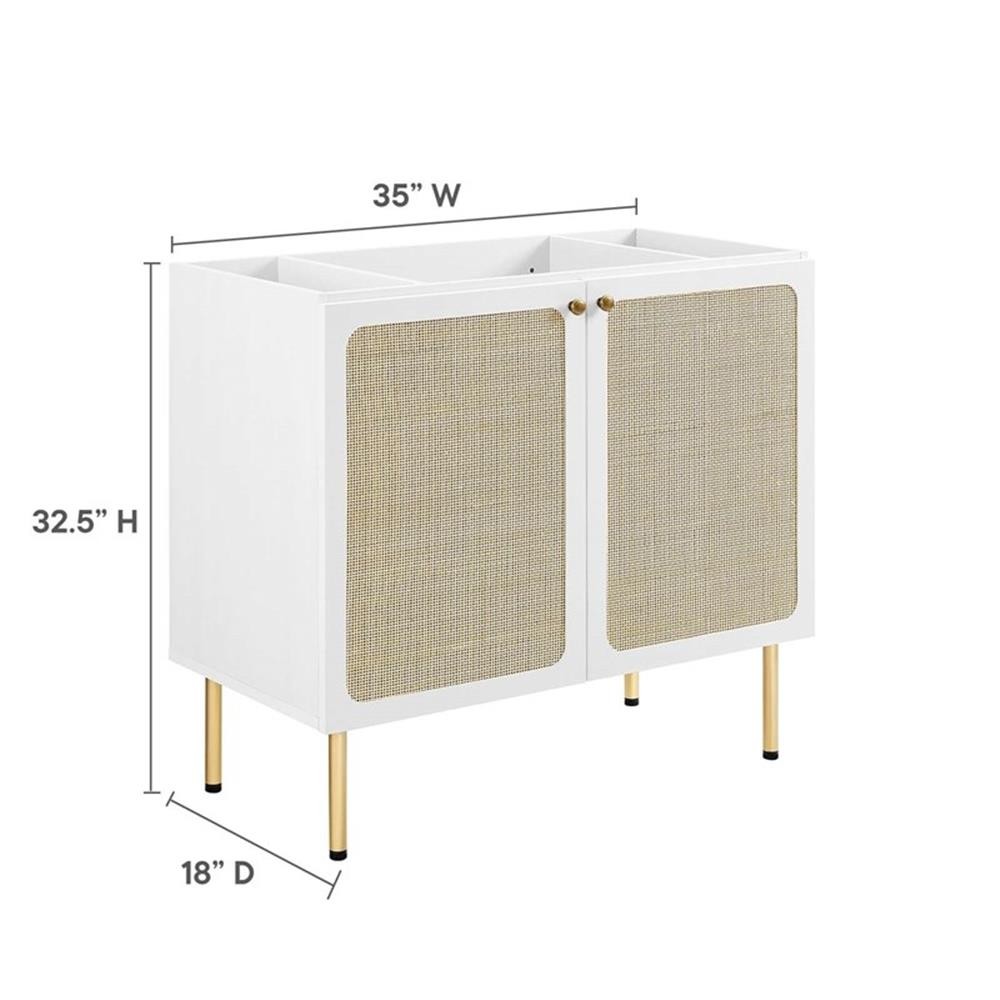 Pemberly Row 36″ Wood & Rattan Bathroom Vanity Cabinet in White