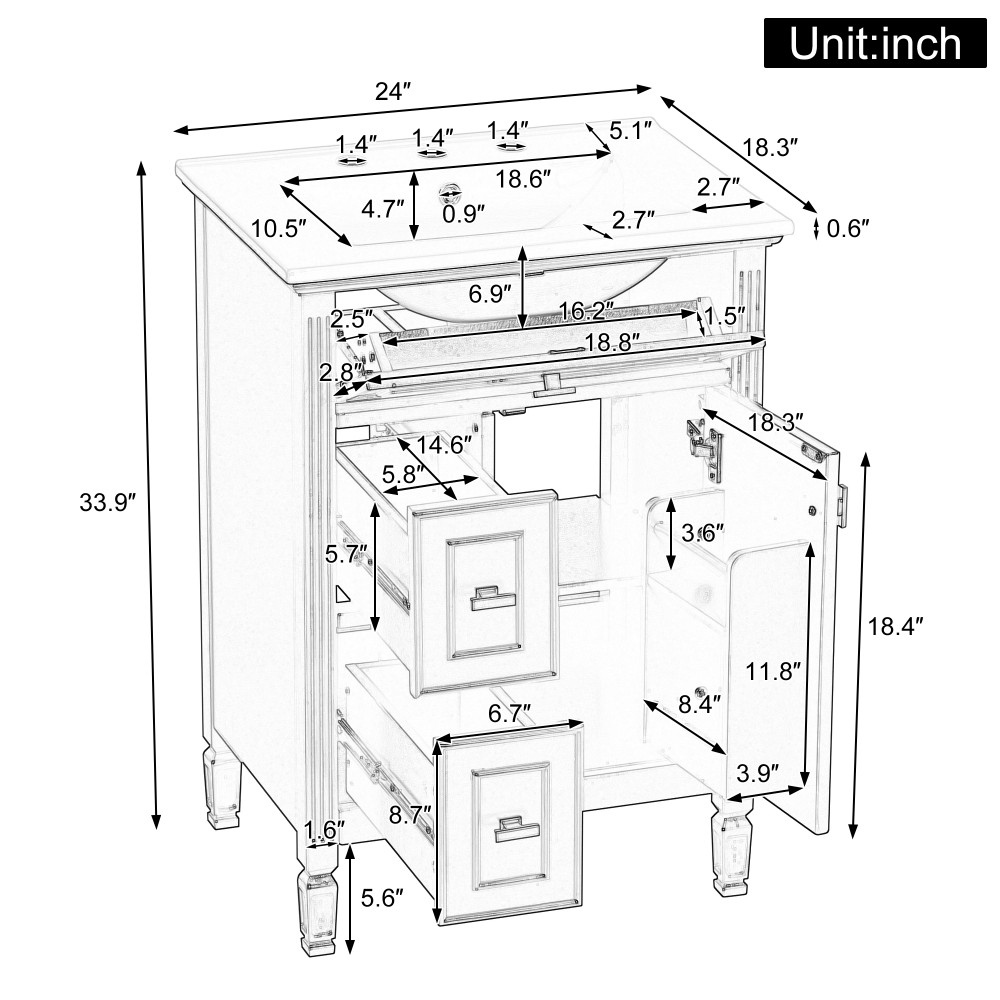 24In Bathroom Vanity with Sink Solid Wood and MDF Cabinet with One Flip Drawer