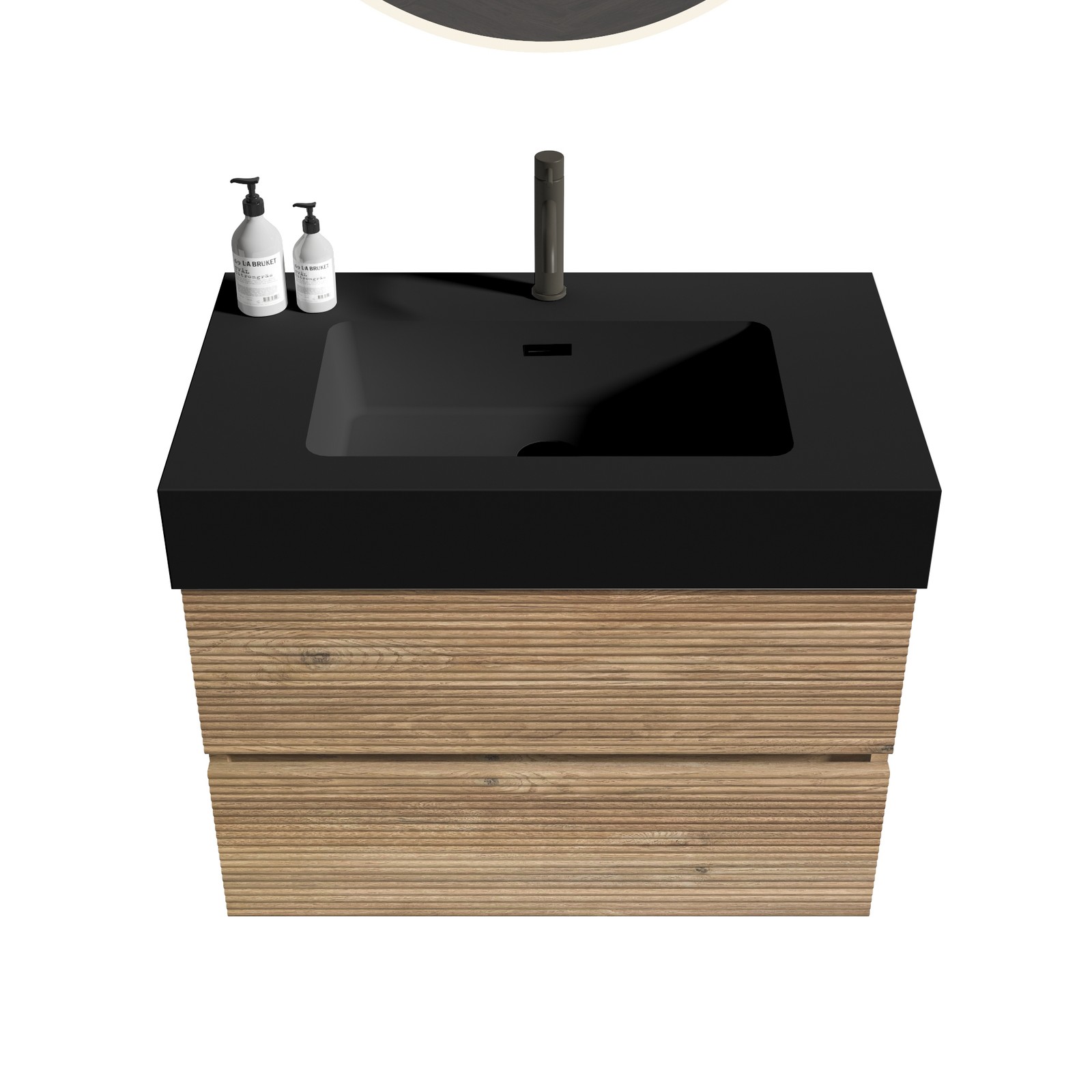 30″ Rough Oak Wall Mounted Bathroom Vanity with Black Sink & Drawers