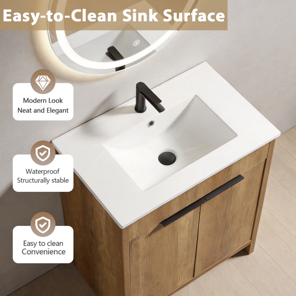 30in Vanity Bathroom with 3D Fluted Design & Integrated Sink, Free Ship