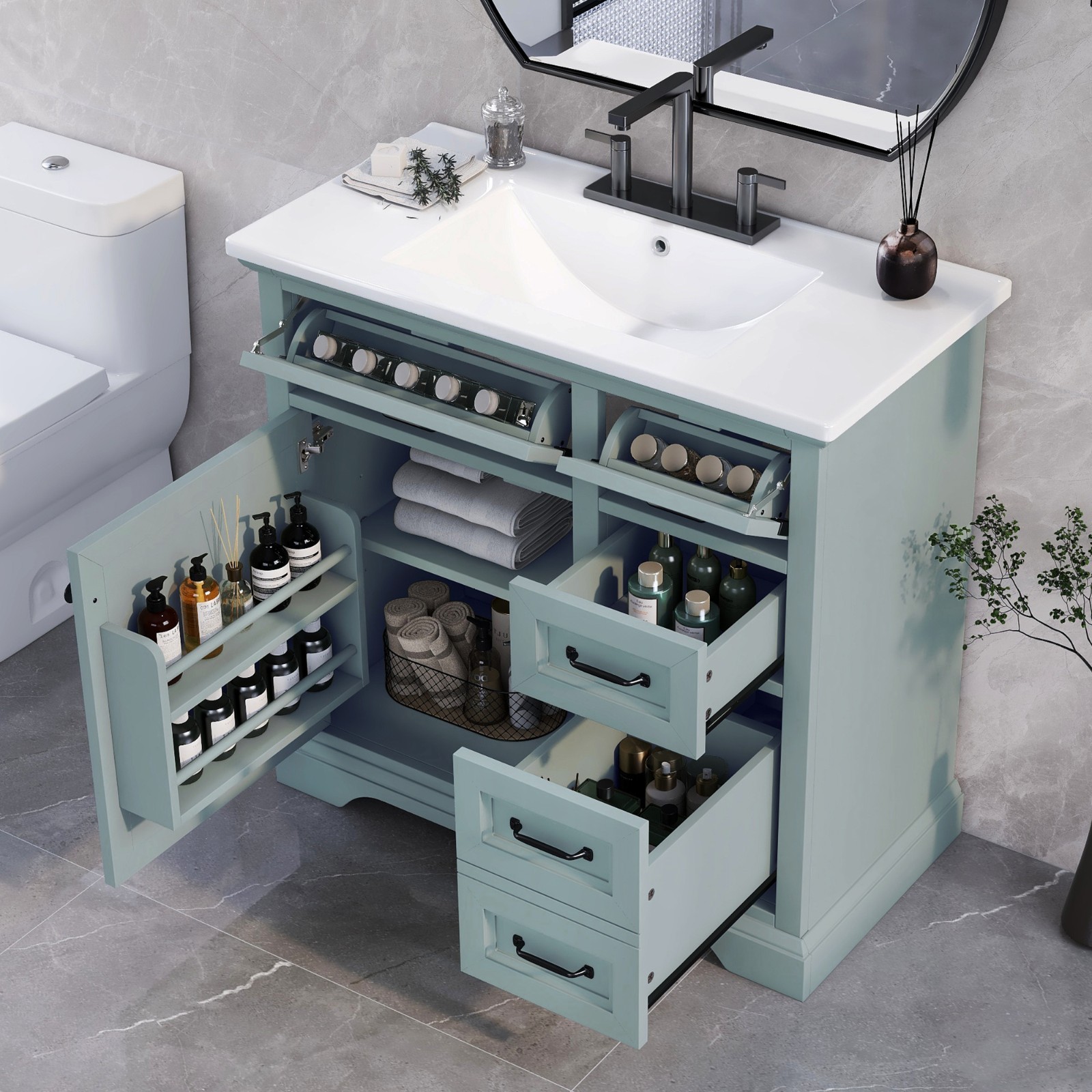 36″ Bathroom Vanity With Ceramic Sink Storage Drawers Doors 3 Faucet Holes
