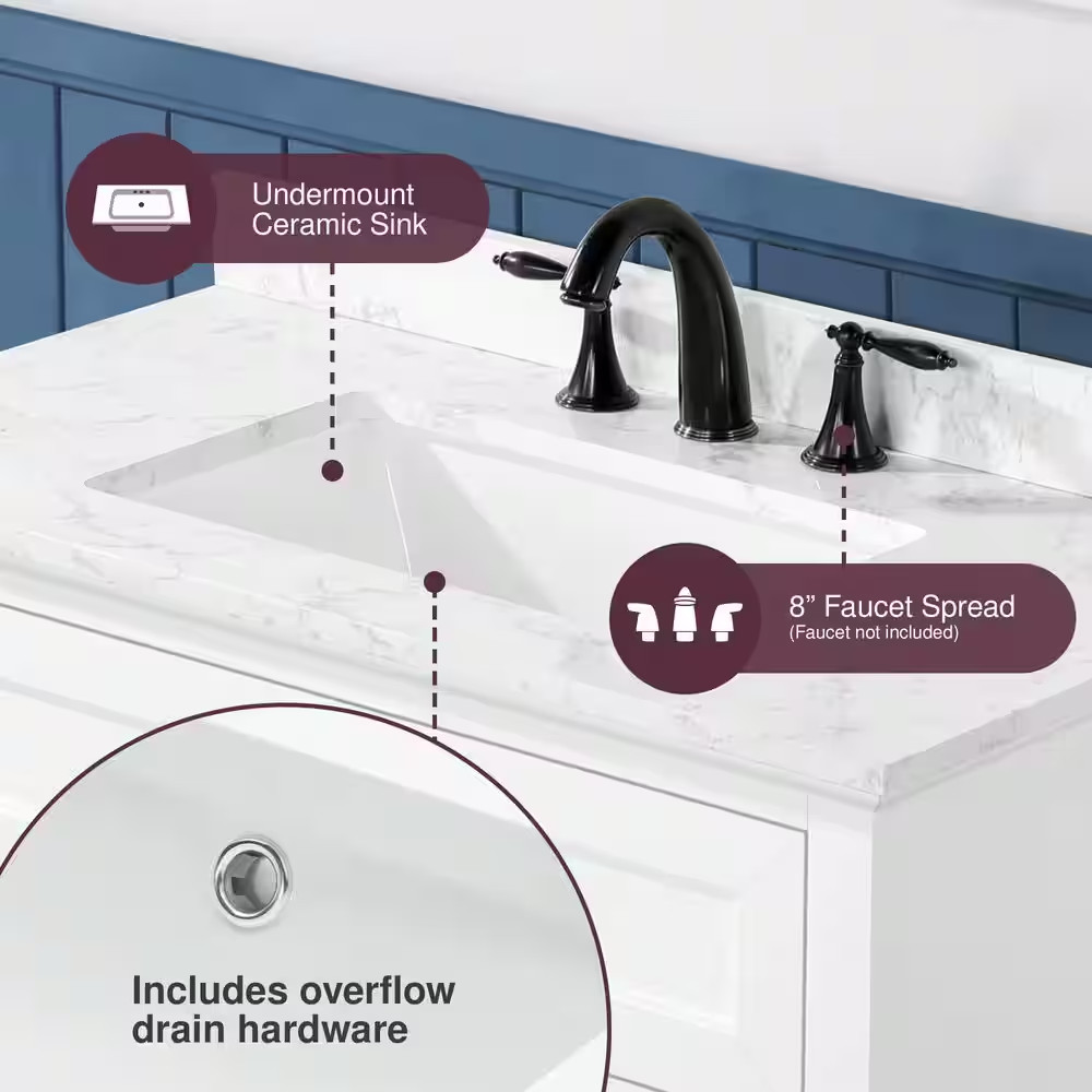 Doveton 36 In. Single Sink Freestanding White Bath Vanity with White Engineered