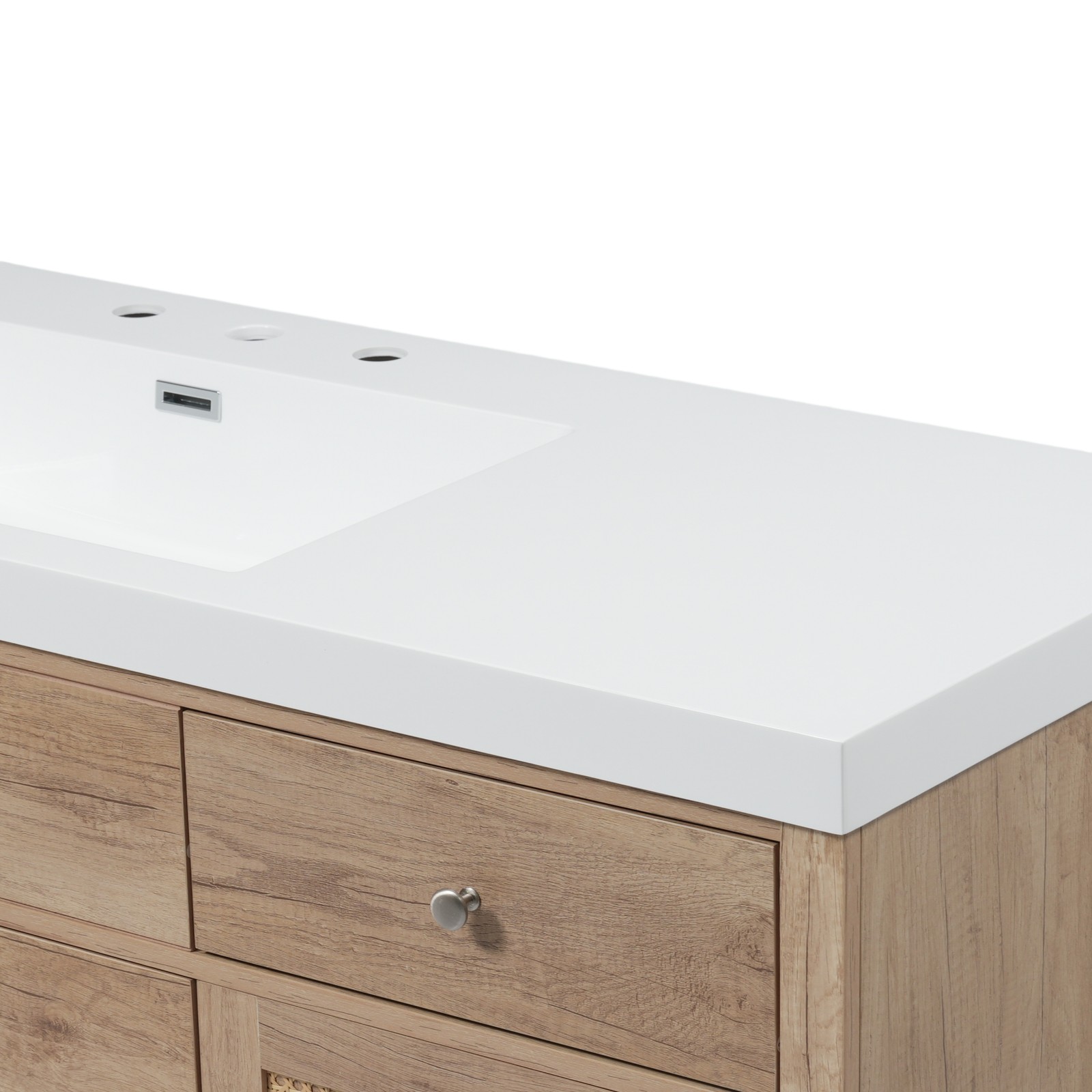 60″ Wooden Bathroom Vanity Cabinet with SMC Sink Storage Drawers Rattan Doors