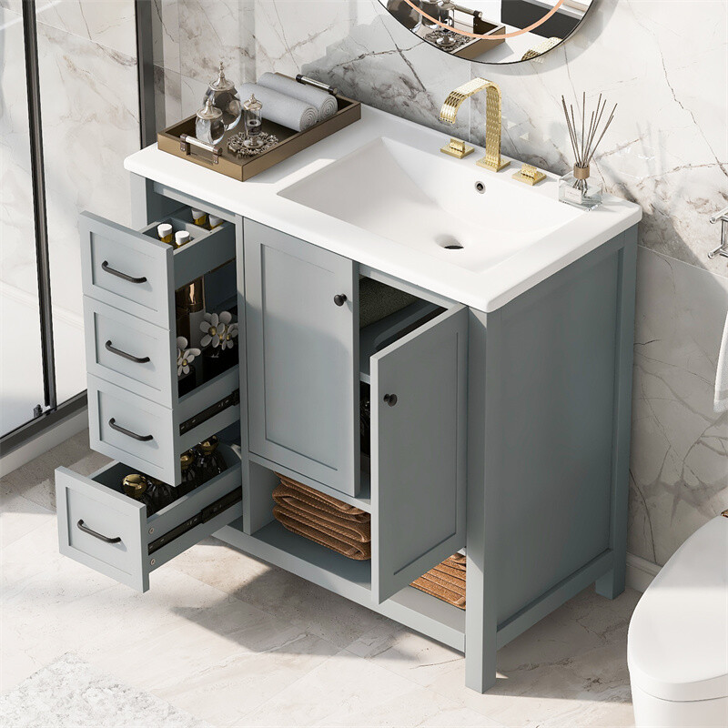 36″ Gray Bathroom Vanity with Sink Top,Vanity Cabinet with 2 Doors & 2 Drawers