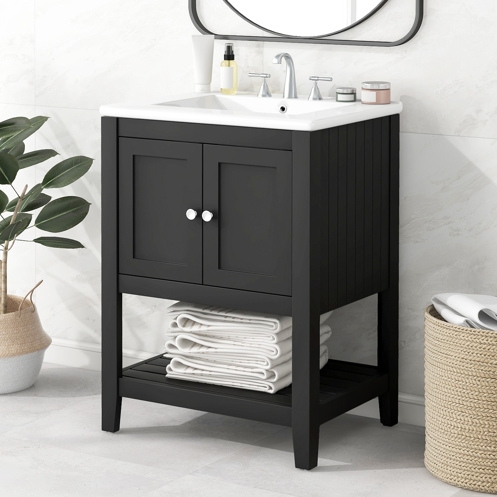 24″ Black Modern Bathroom Vanity with Ceramic Sink & Wood Frame