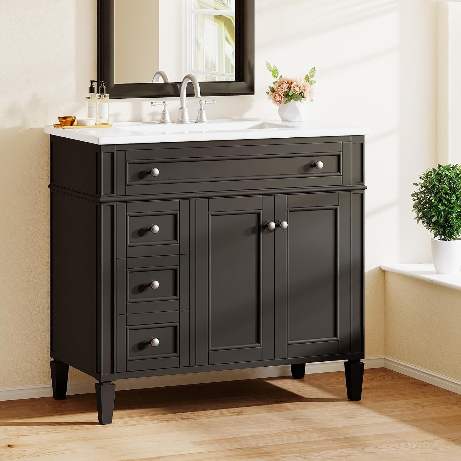 Tribesigns 36″ Bathroom Vanity with Sink,Bathroom Sink Cabinet 4 Drawers& 2Doors