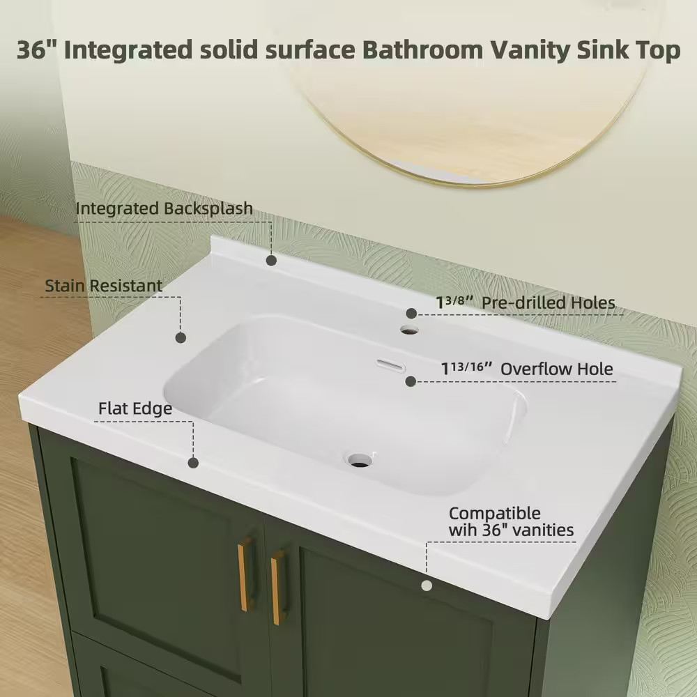 36 In. W X 22 In. D Solid Surface White Rectangular Single Sink Bath Vanity Top