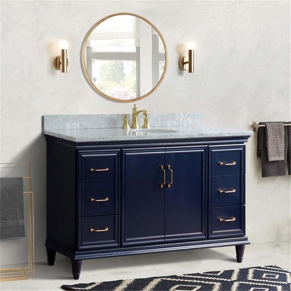 61 in. Single Wooden Vanity Blue White Carrara Marble Oval Sink