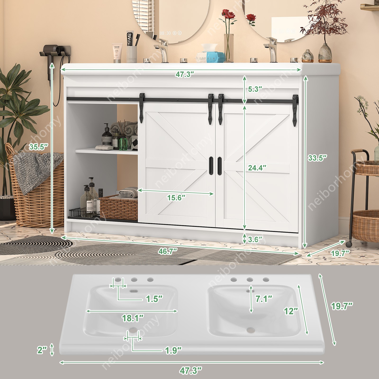 47” Bathroom Vanity with Double Sink Freestanding Bathroom Vanity w/ 3 Drawers
