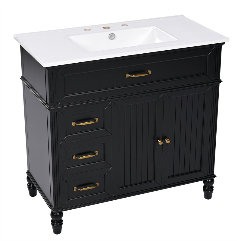 36″ Bathroom Vanity Set with Sink, Black Bathroom Cabinet w/3 Drawers & 2 Doors