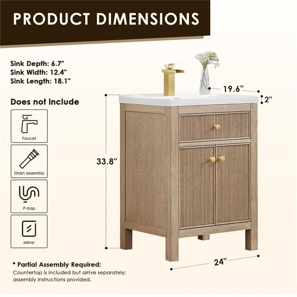 Pemberly Row 24″ Wood Vanity in Natural Oak Ceramic Integrated Sink no Mirror