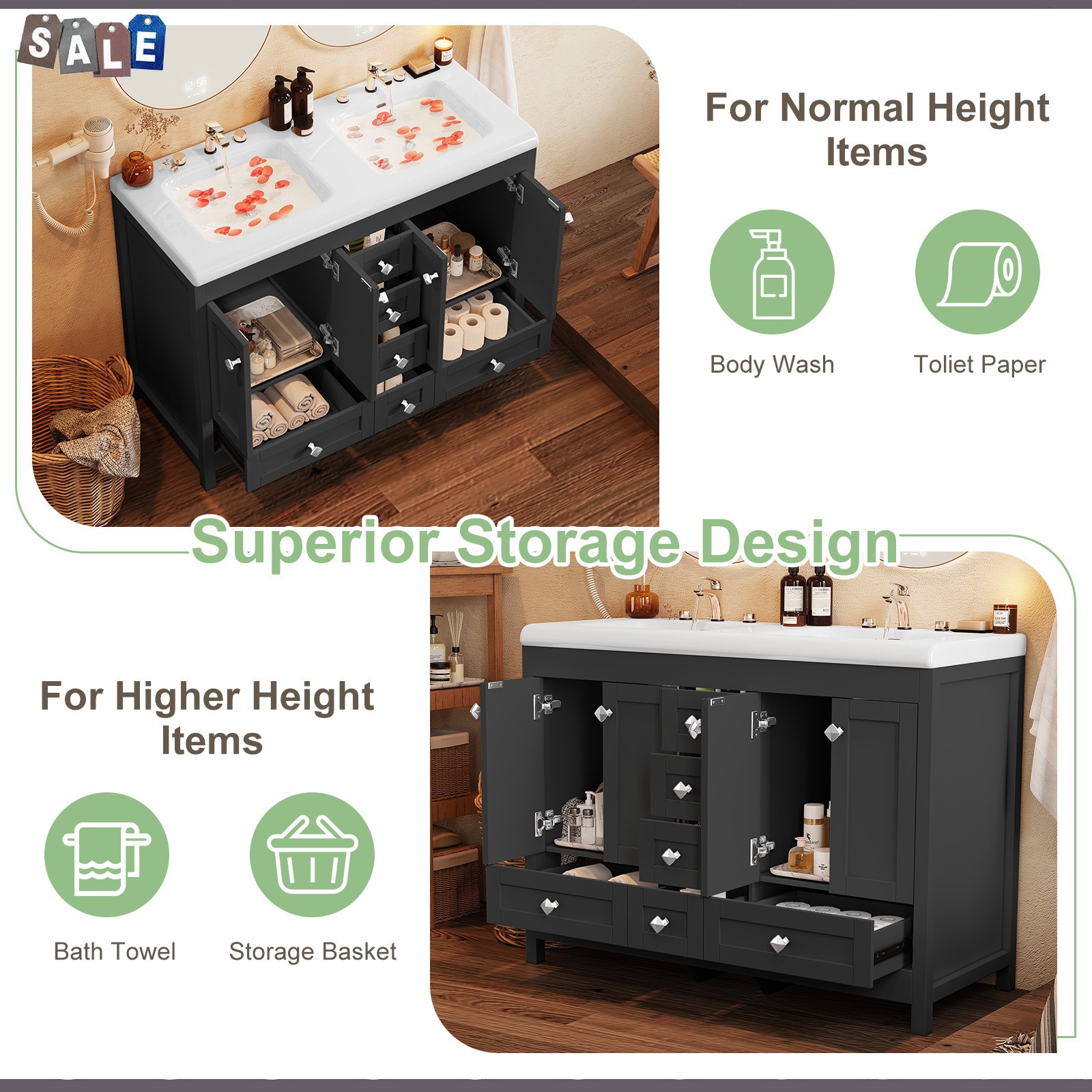 5 Drawers Bathroom Vanity Cabinet with Double Sink Ceramic Freestanding