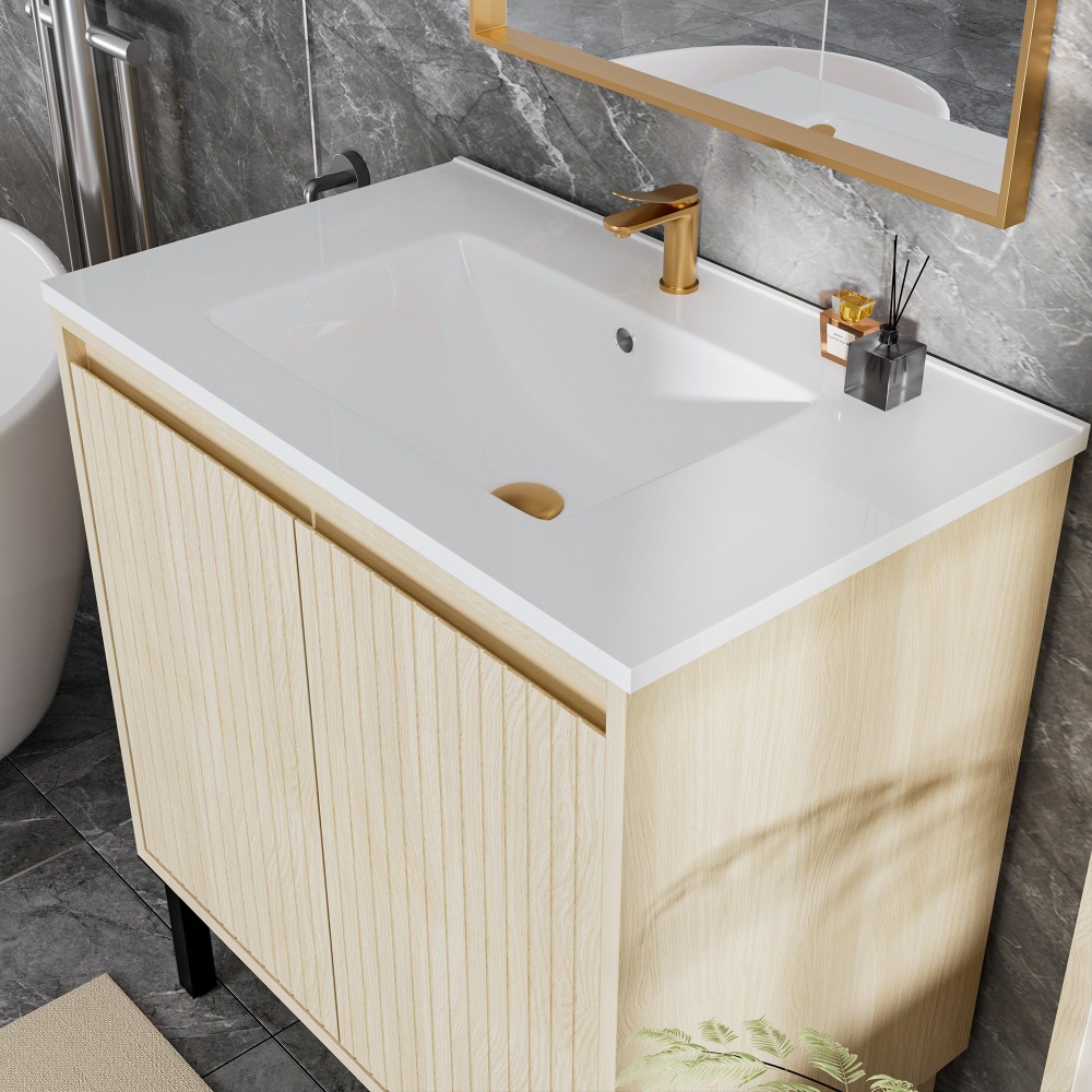 Vanity with Integrated Sink 2 Doors Black Legs Bathroom Storage Cabinet