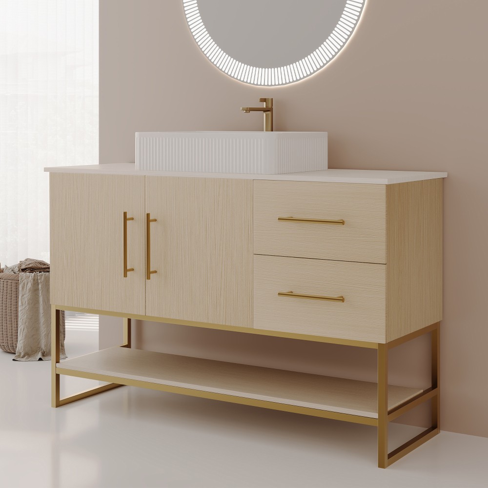 36″ Modern Bathroom Vanity Ceramic Vessel Sink Gold Accent Free Standing Cabinet