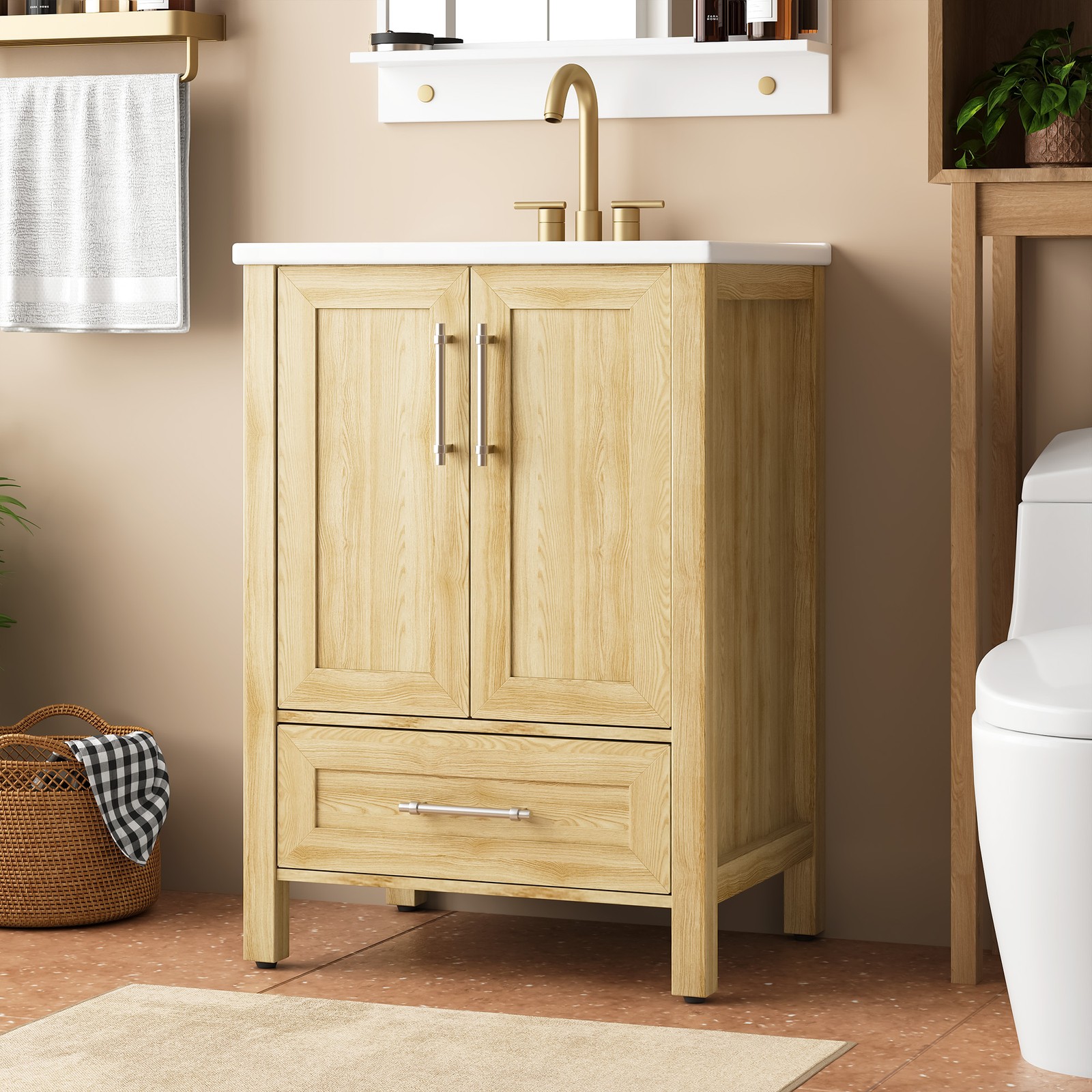 24” Bathroom Vanity with Ceramic Sink Bathroom Cabinet with 2 Doors & Drawers