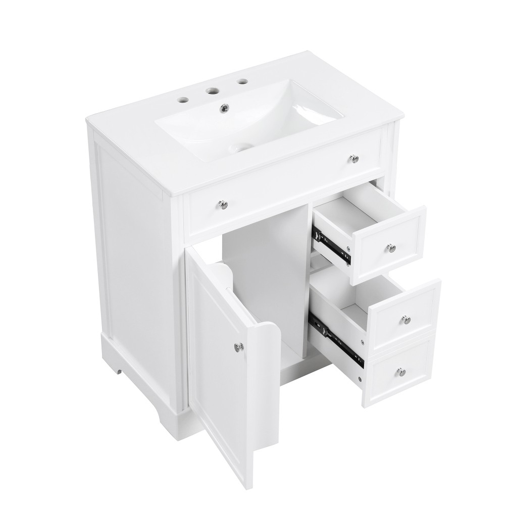 30 Inch White Bathroom Vanity with Ceramic Sink Top Solid Wood MDF Cabinet