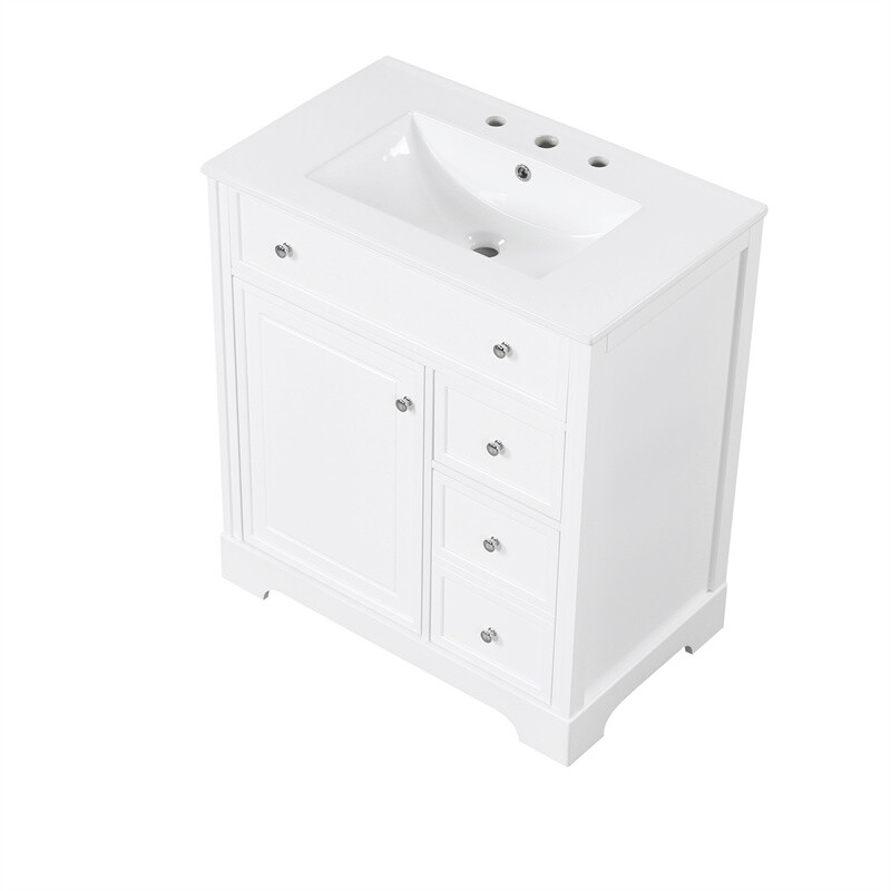 30″ White Bathroom Vanity with Ceramic Sink Set Storage Cabinet w/Door & Drawers