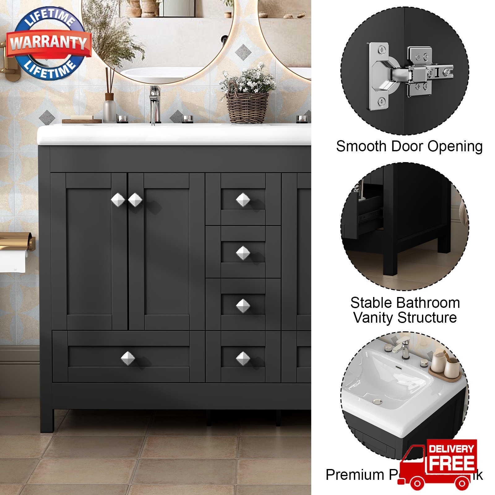 47″ 2 Doors Bathroom Vanity Cabinet w/ Double Ceramic Sinks & 5 Drawers Black