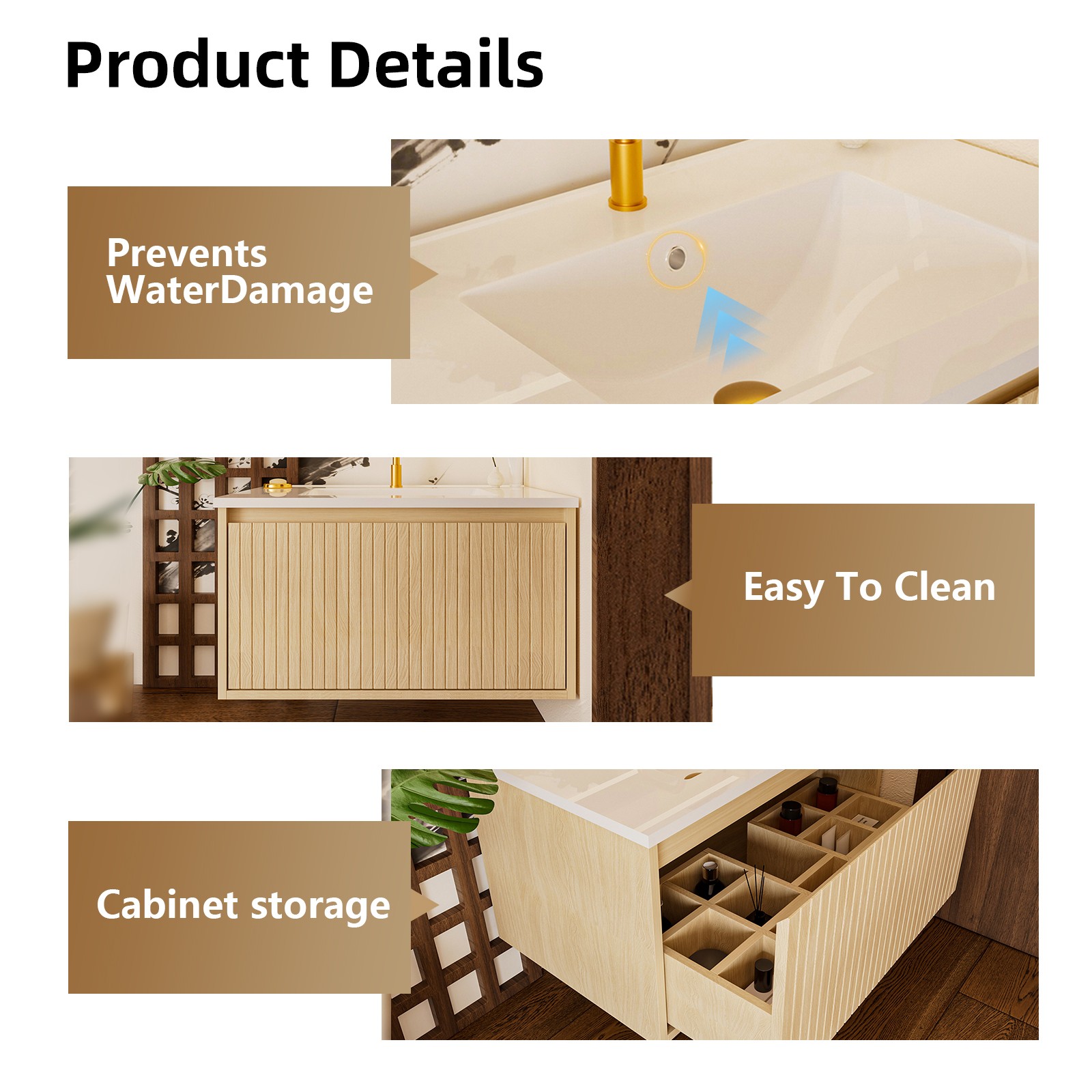 30 Inch Floating Bathroom Vanity Cabinet with Ceramic Sink, Natural Wood