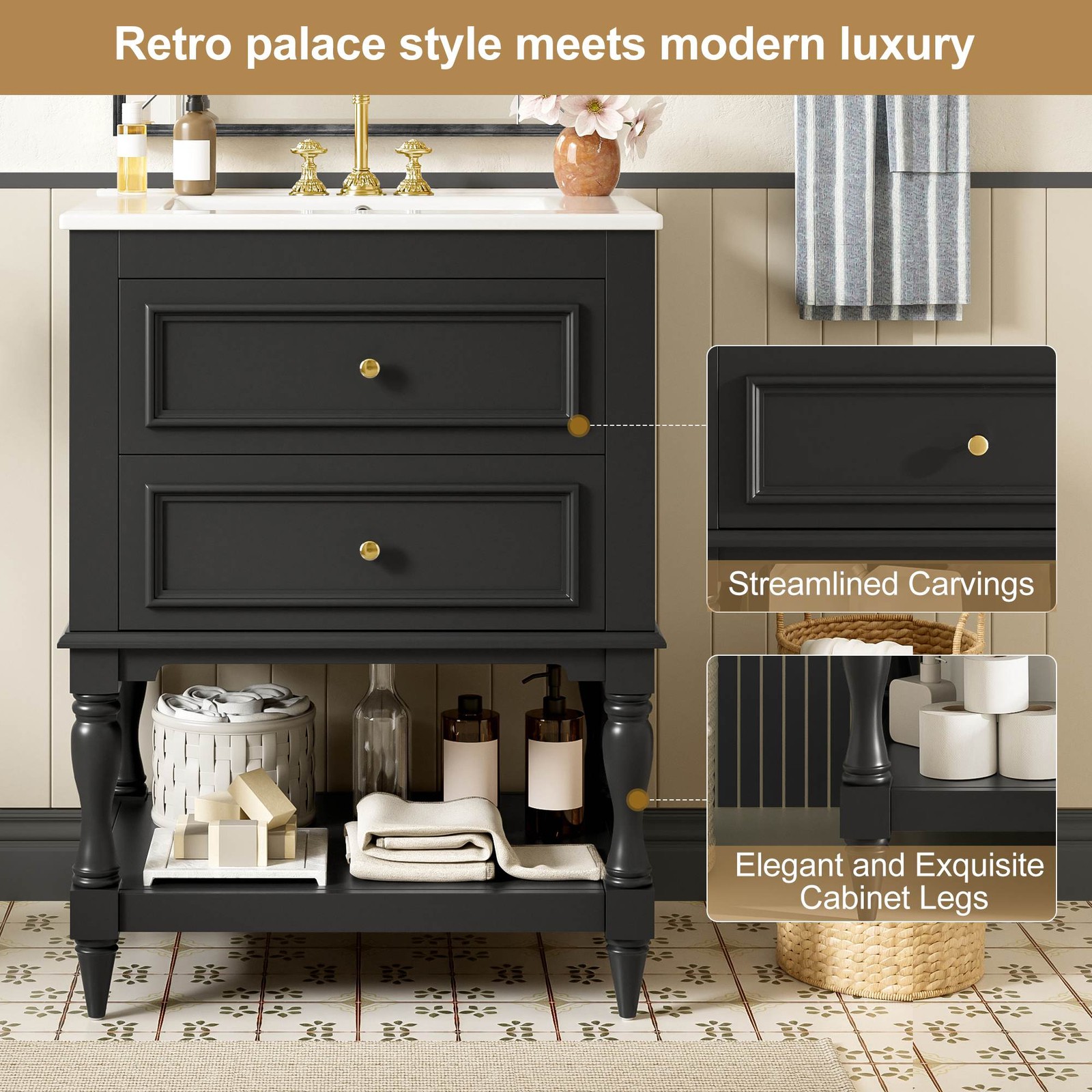 FUNIDEE 24″ Bathroom Vanity with Ceramic Sink Storage Cabinet w/ 2 Drawers Black