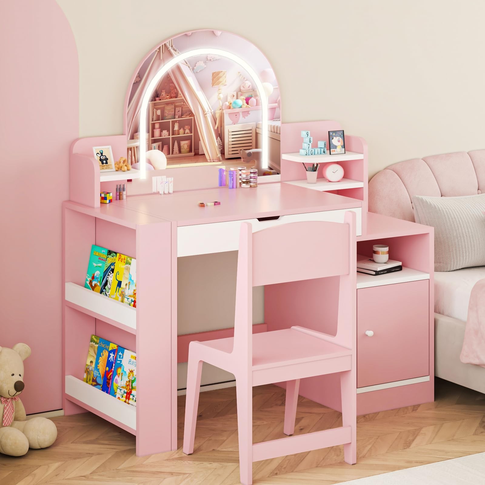 Kids Vanity Table Set Lighted Mirror Stool Jewelry Storage Makeup Pink