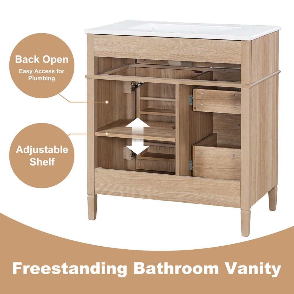 30″ Bathroom Vanity w/Ceramic Sink, Freestanding Bath Vanity Cabinet, 3 Drawers