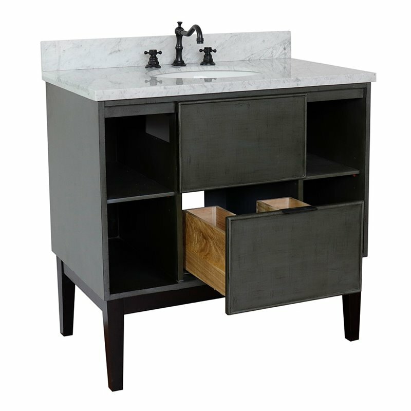 Scandi Solid Wood Oval Sink Vanity with White Carrara Top in Linen Gray