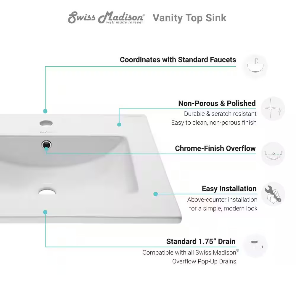 24 In. Ceramic Single Faucet Hole Vanity Top in White with White Basin