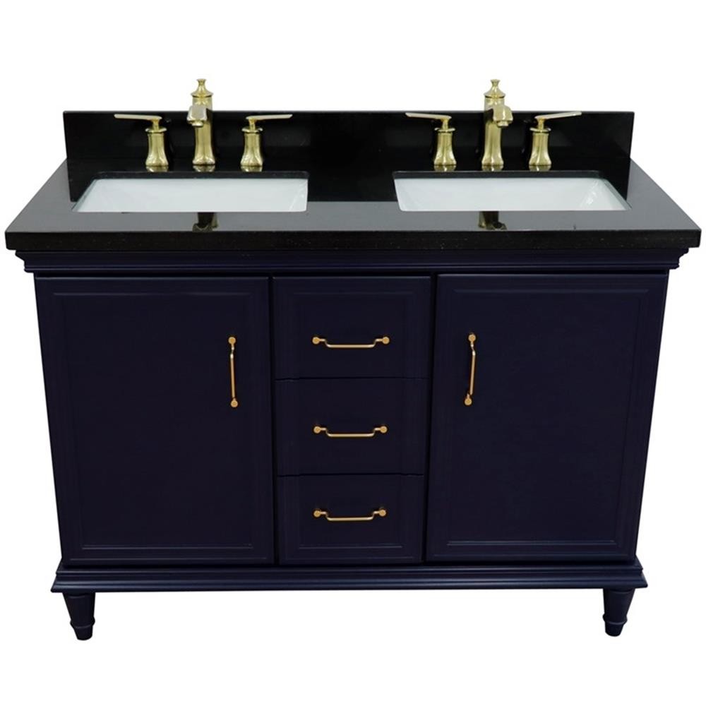 49 in. Double Wooden Vanity Blue with Black Galaxy Rectangle Sink