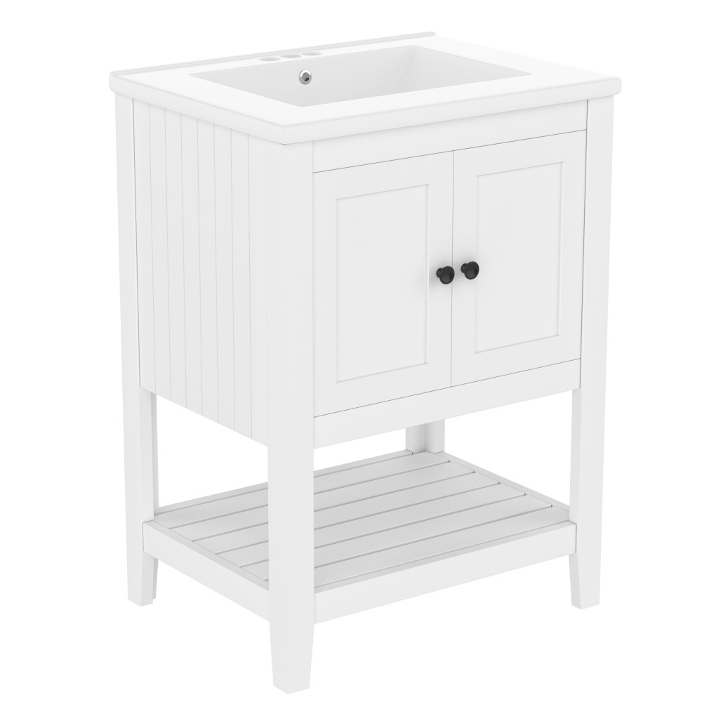 24″ White Bathroom Vanity w/Ceramic Sink & Solid Wood Frame