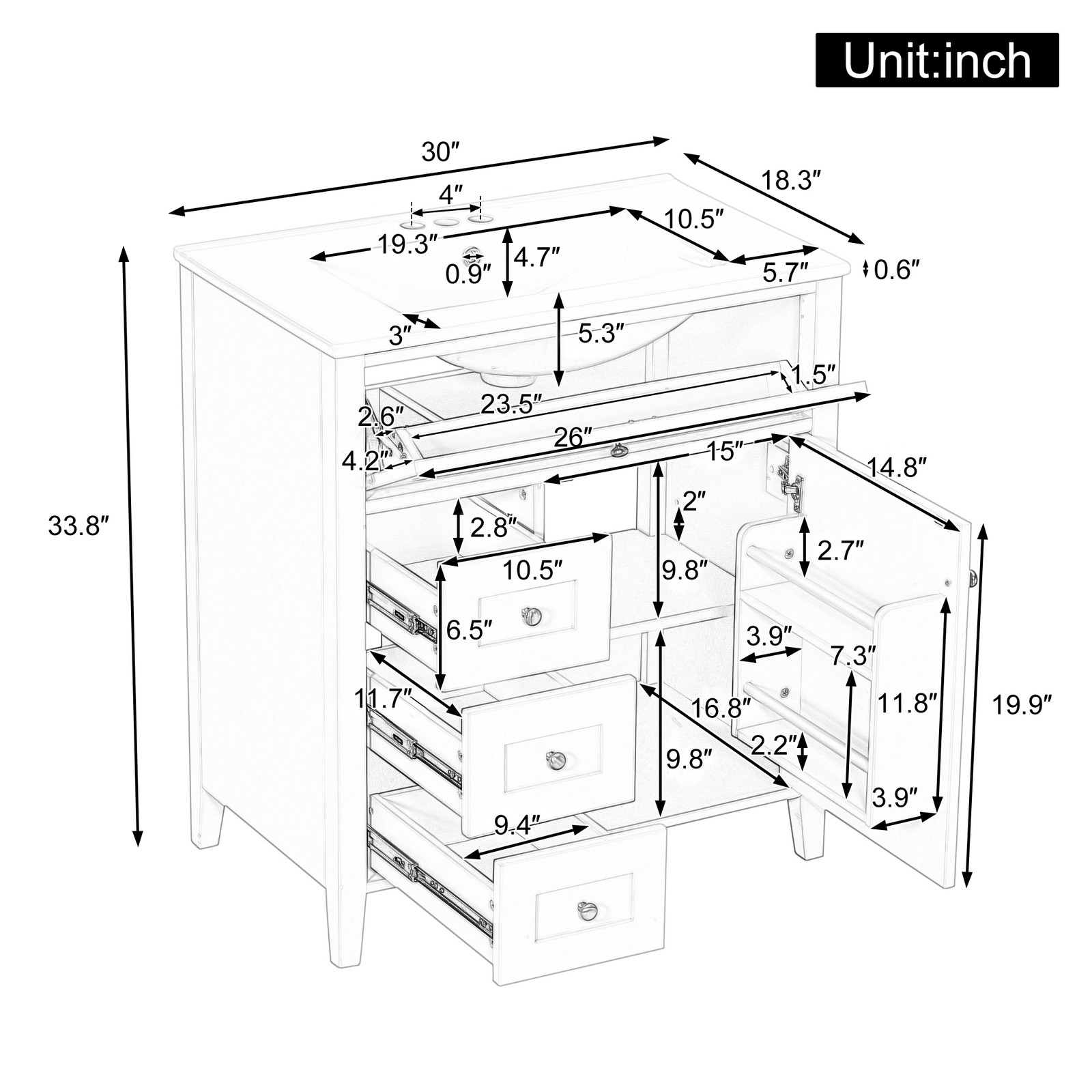 30″ Blue Gray Bathroom Vanity with Sink, 3 Drawers & Cabinet