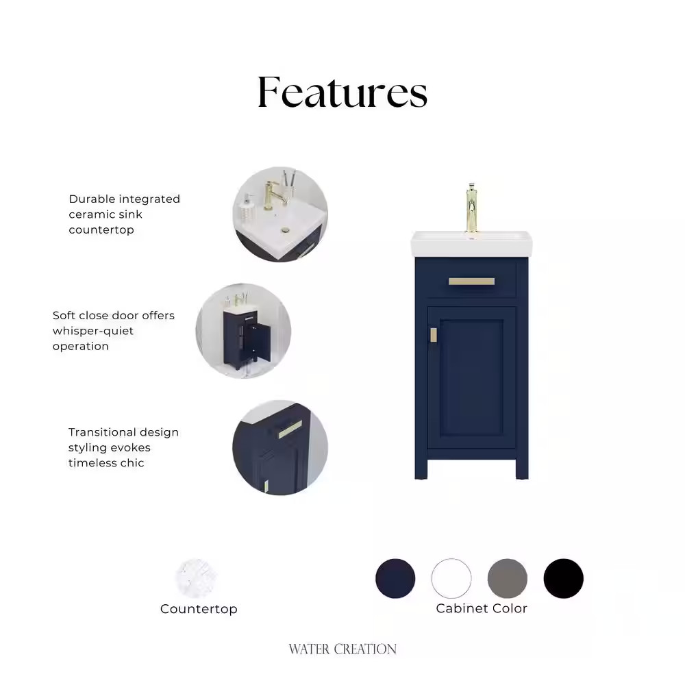 MIA 18 In. W Bath Vanity in Monarch Blue Finish with Ceramics Integrated Vanity