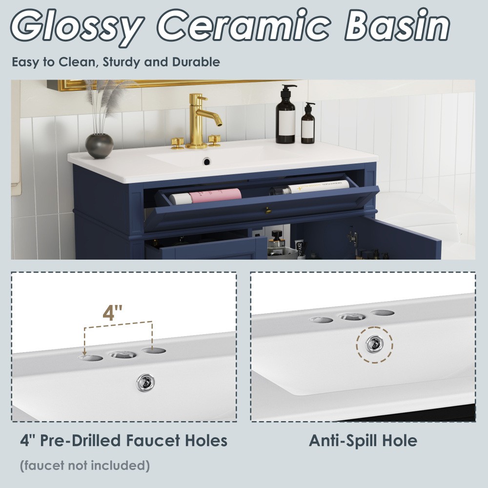 36 Inch Single Sink Bathroom Vanity Gloss Ceramic Top Storage Drawers