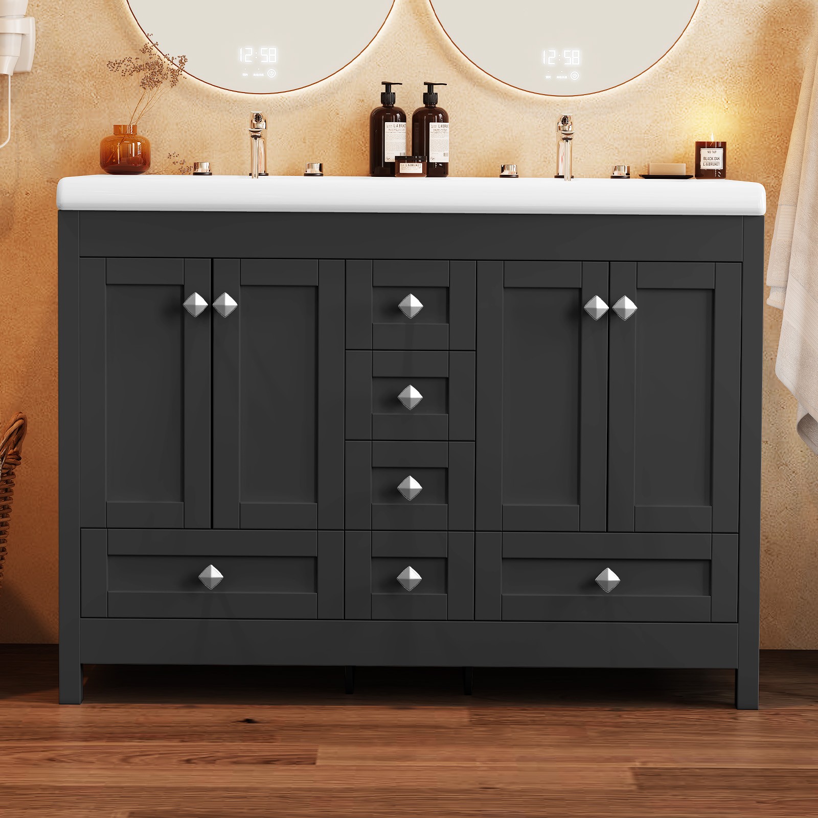 47″ Freestanding Vanity Bathroom Cabinet with Double Ceramic Sink & 6 Drawers