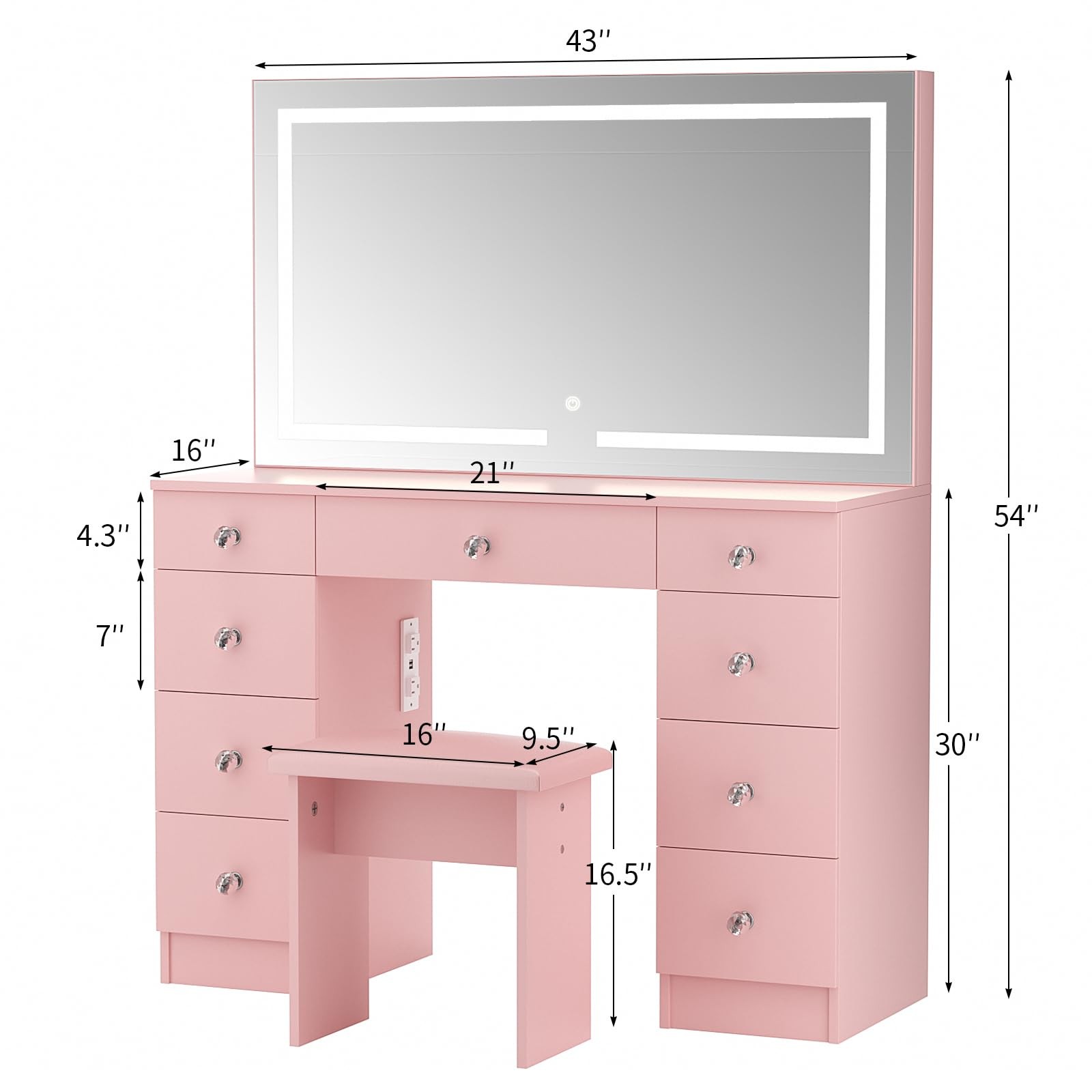 Vanity Lighted Mirror Power Outlet 9 Drawers 3 Color Lighting 43 Pink