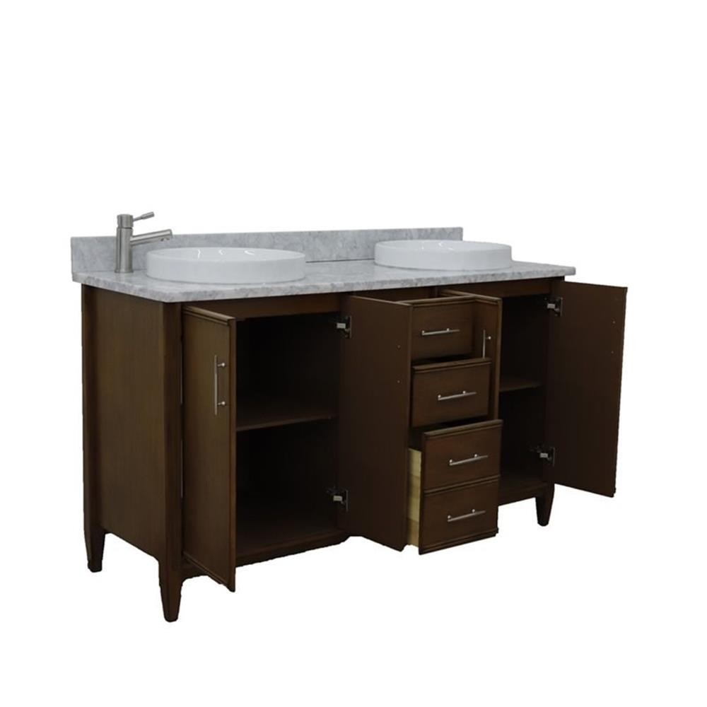 Pemberly Row 61″ Double Round Sink Vanity with White Marble Stone in Walnut