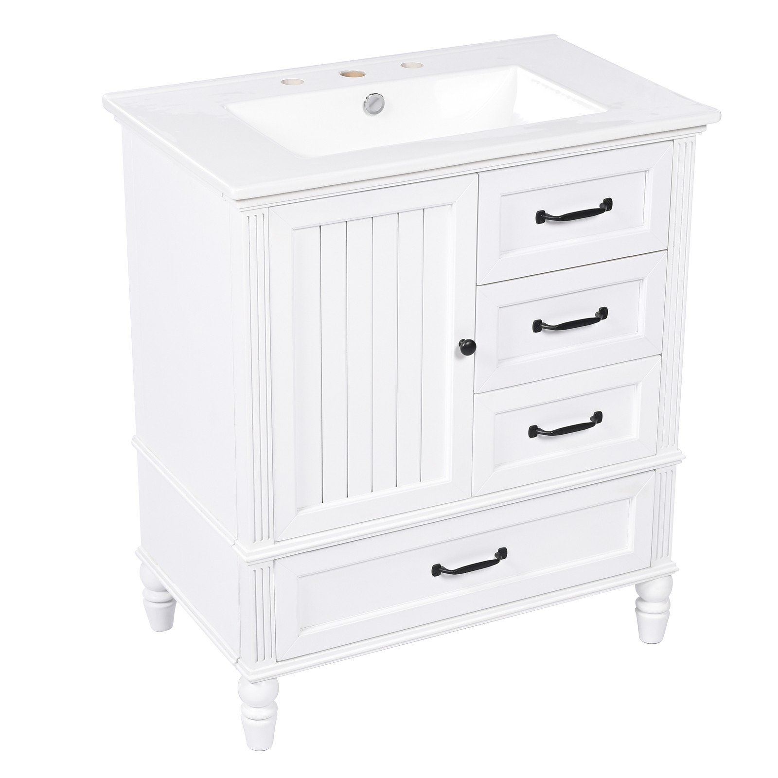 30″ Bathroom Vanity with Sink, Bathroom Cabinet with A Door, Three Drawers White