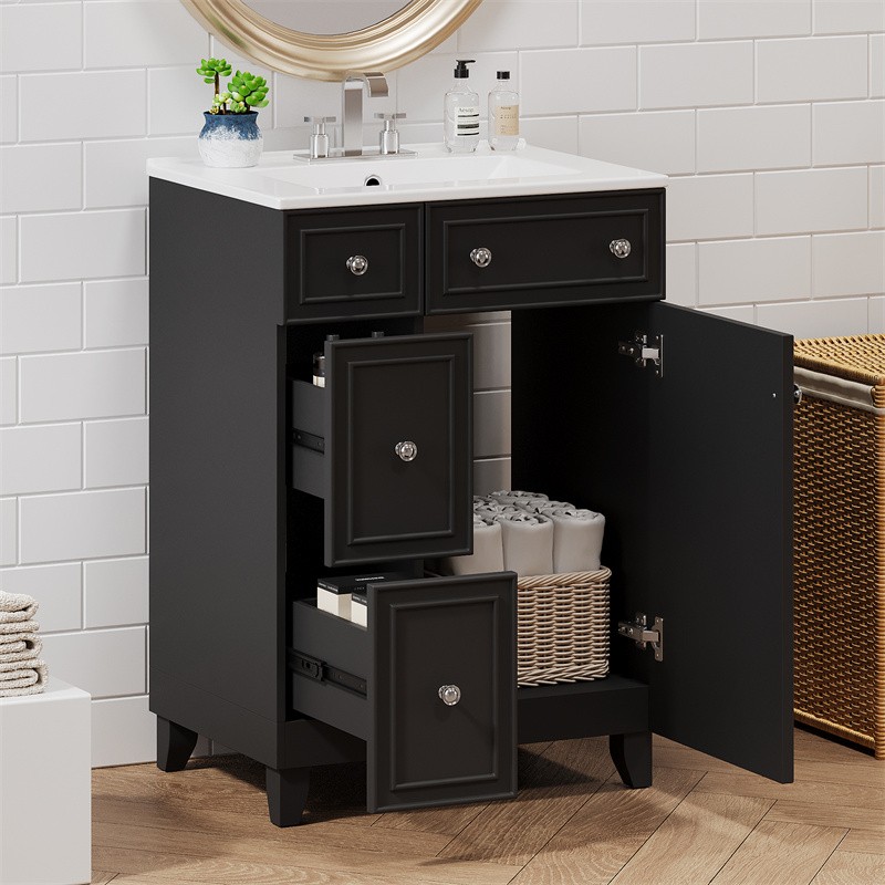 24″ Black Bathroom Vanity Cabinet with Ceramic Sink,2 Drawers,1 Soft-Close Door