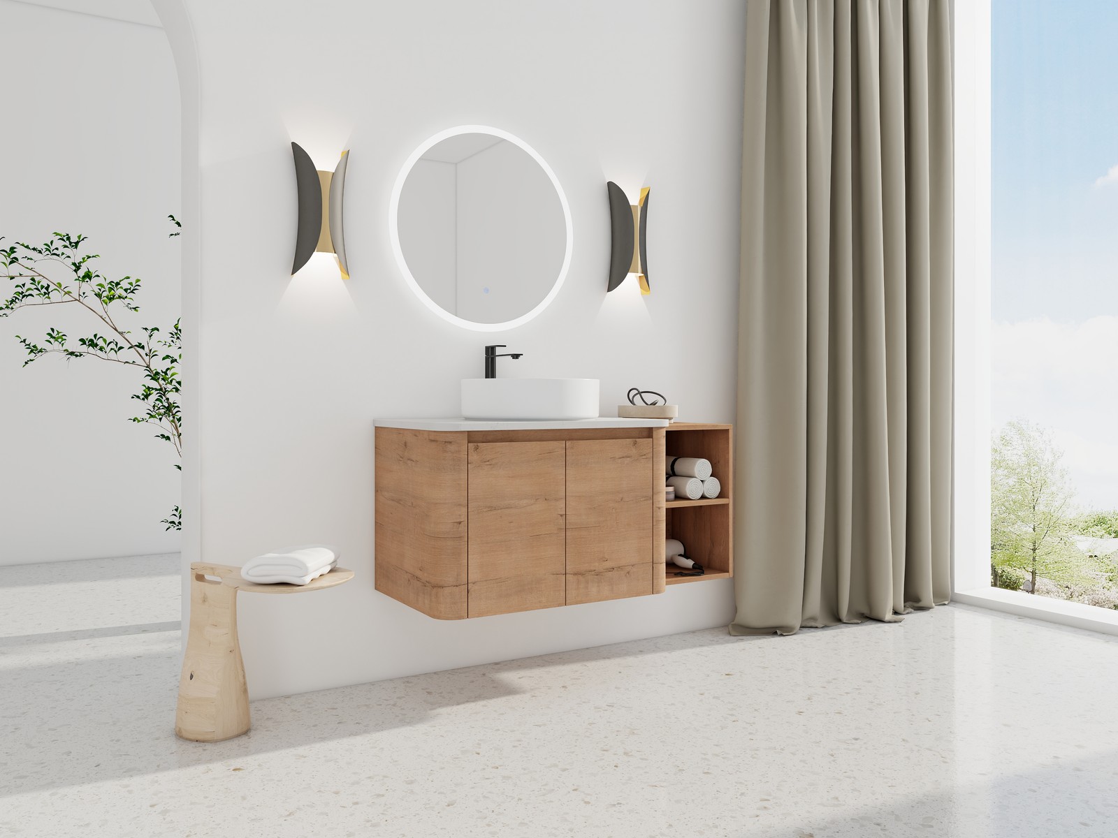 42” Wall-Mounted Bathroom Vanity Counter Top White Vessel Sink Storage Shelves