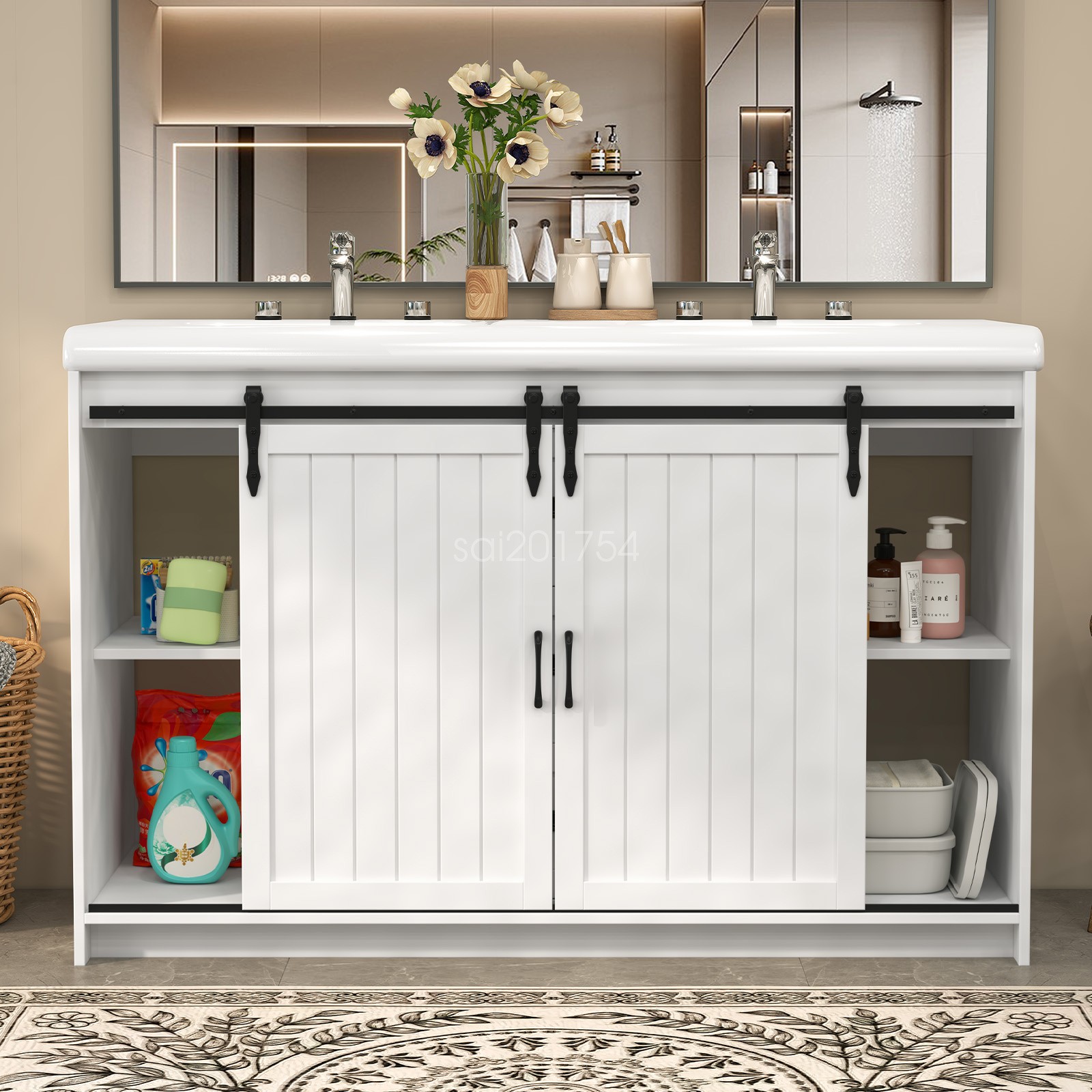 Bathroom Vanity Freestanding Ceramic Sink Cabinet With 2 Doors and 2 Drawers US