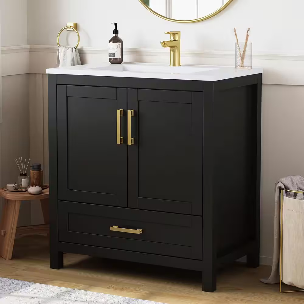 Raven 31 In.W Single Sink Black Freestanding Bath Vanity with White Engineered S