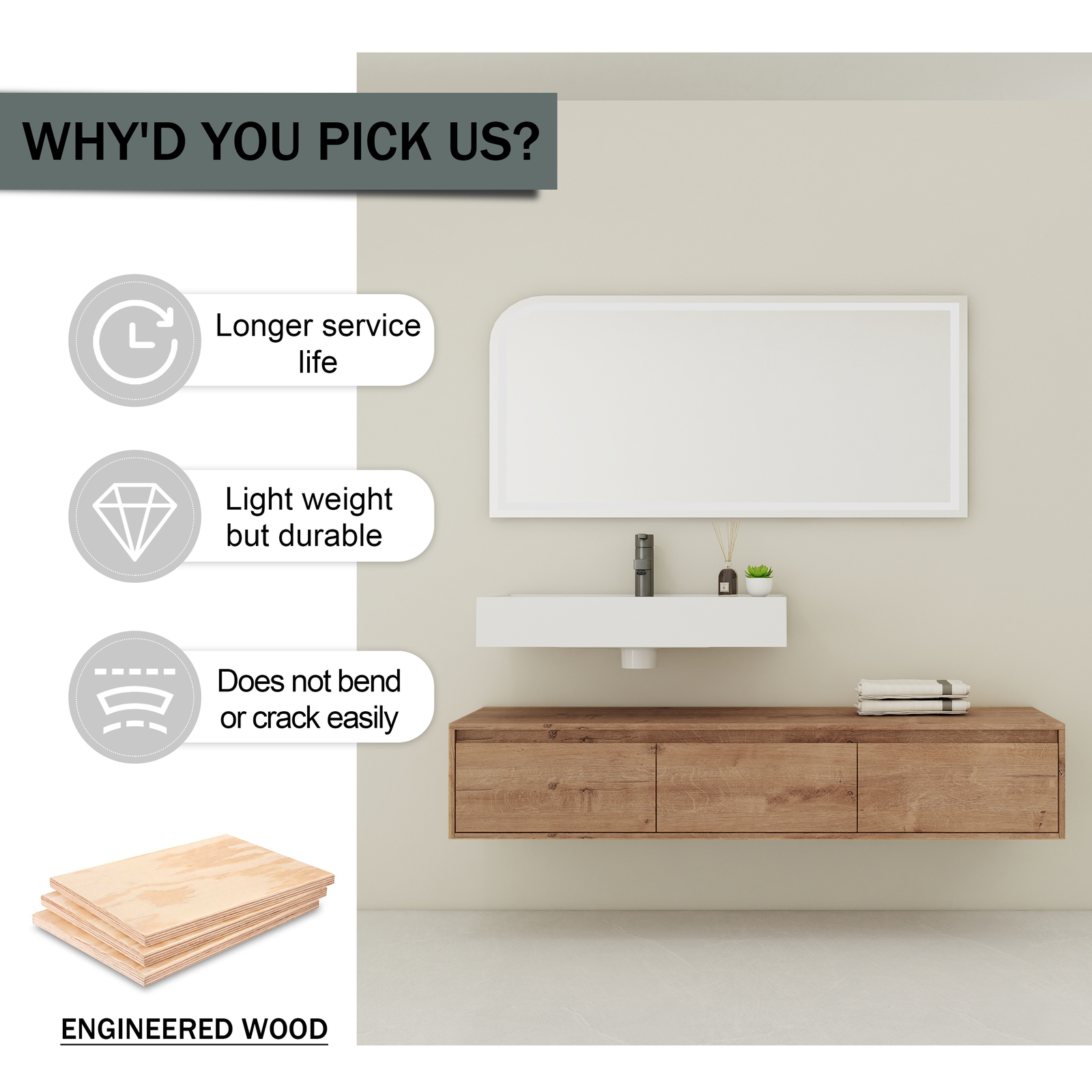 60″ Wood Wall Mount Bathroom Vanity Resin Sink Floating Vanity Sink Vessel Sink
