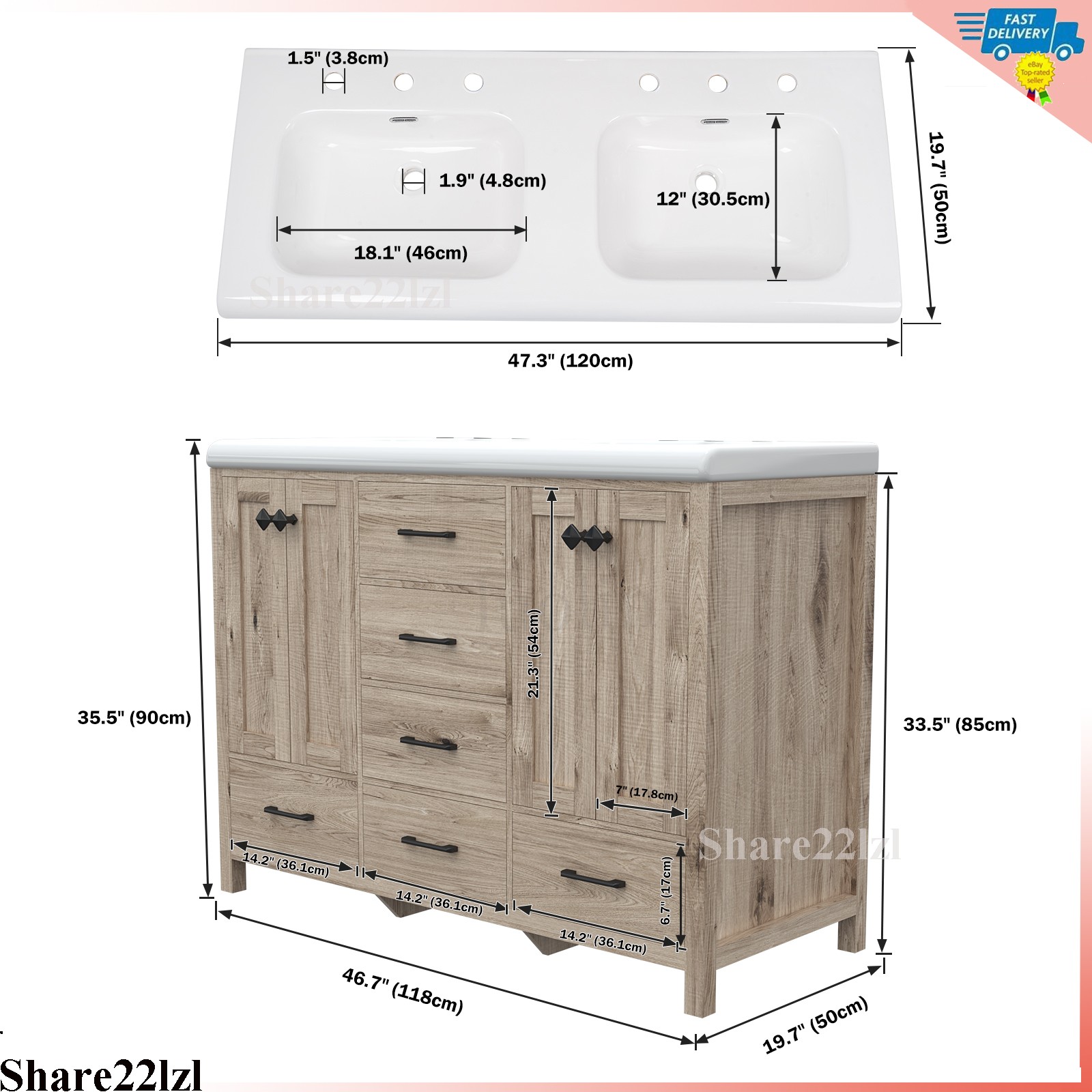 47″ Bathroom Vanity with Double Sink Combo Storage Cabinet w/ Doors and Drawers
