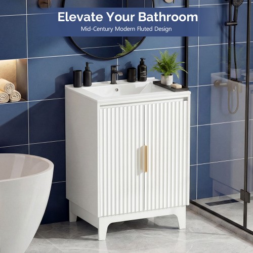 24″ Bathroom Fluted Vanity Cabinet with Sink with Ceramic Basin Bath Organizer