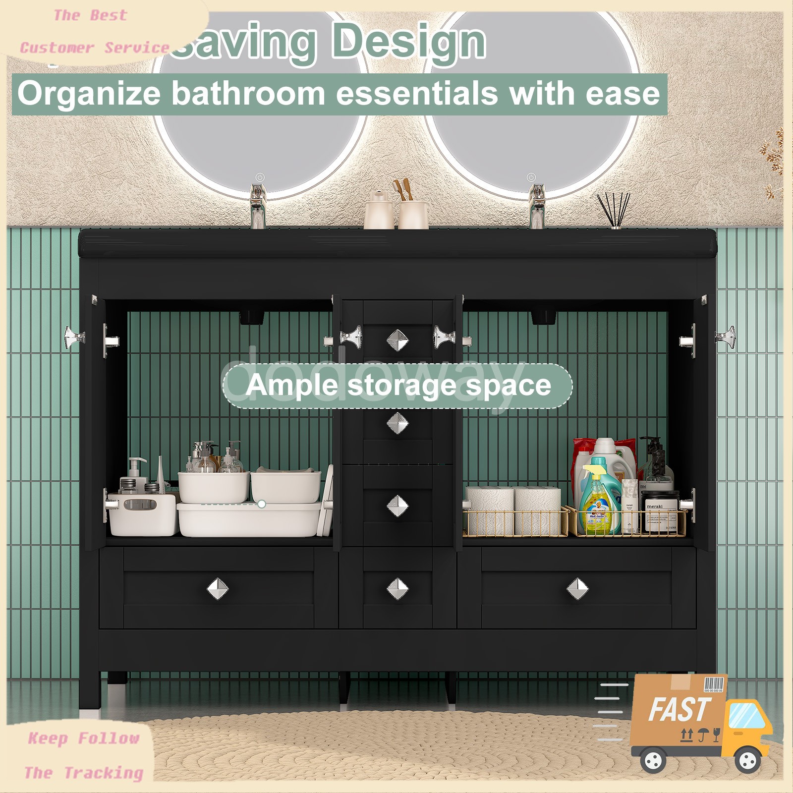 Modern 47″ Double Sink Vanity Freestanding Ceramic Bathroom Cabinet Black