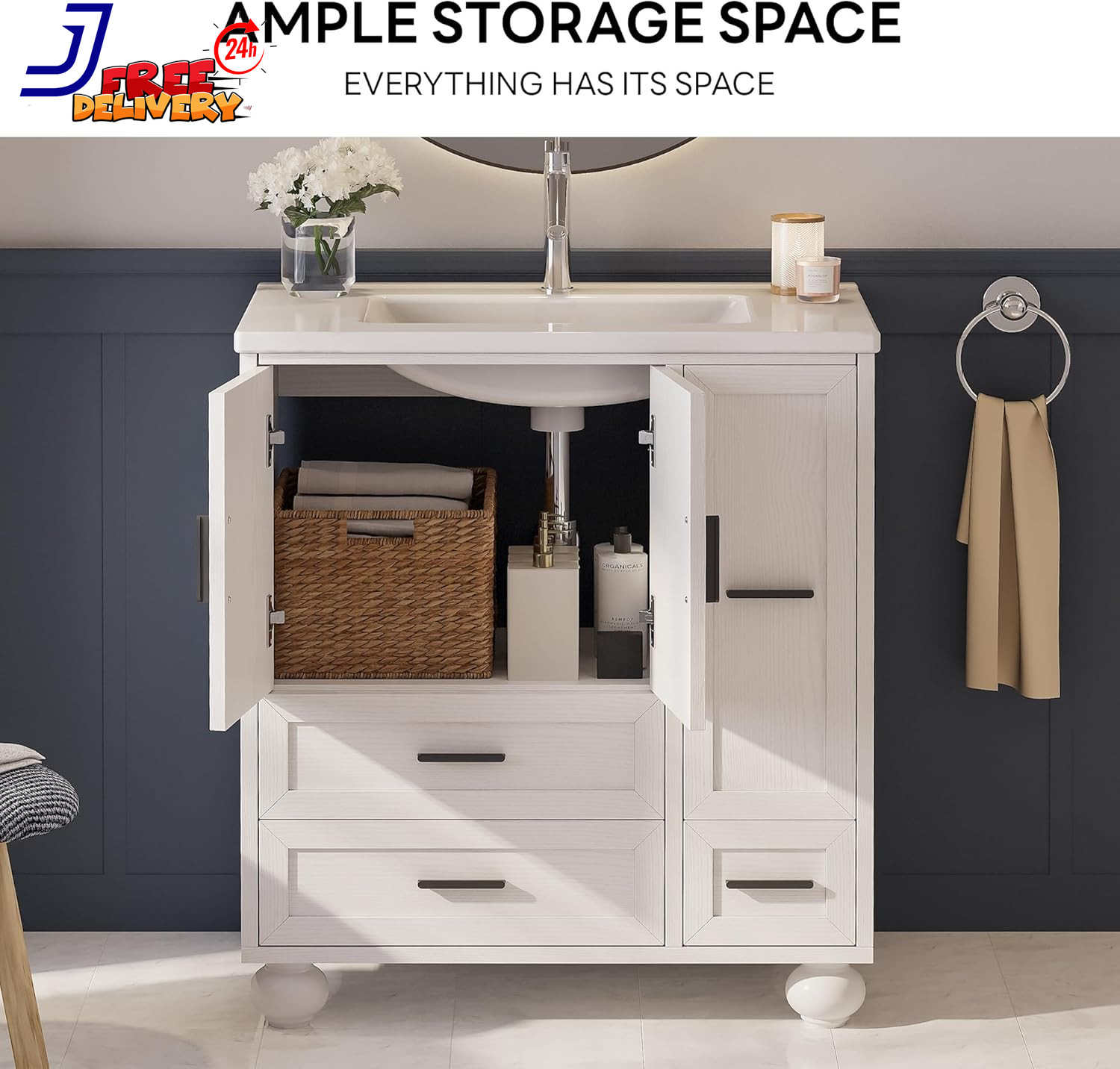 Modern 29.5″ Bathroom Vanity with Sink Hair Tool Drawer & Quick Assembly