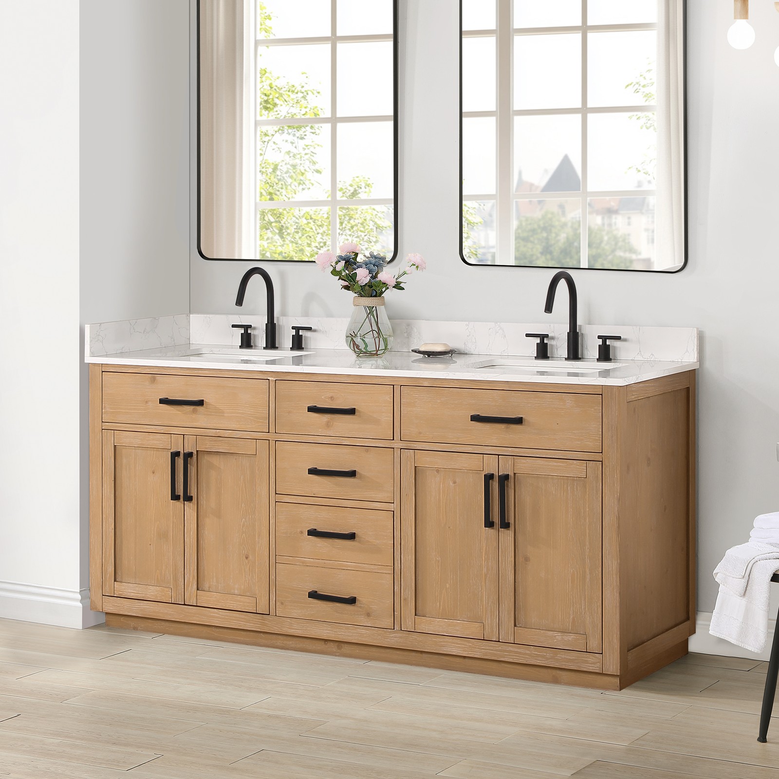 Gavino 72″ Wood Vanity in Light Brown with Composite Stone Top no Mirror