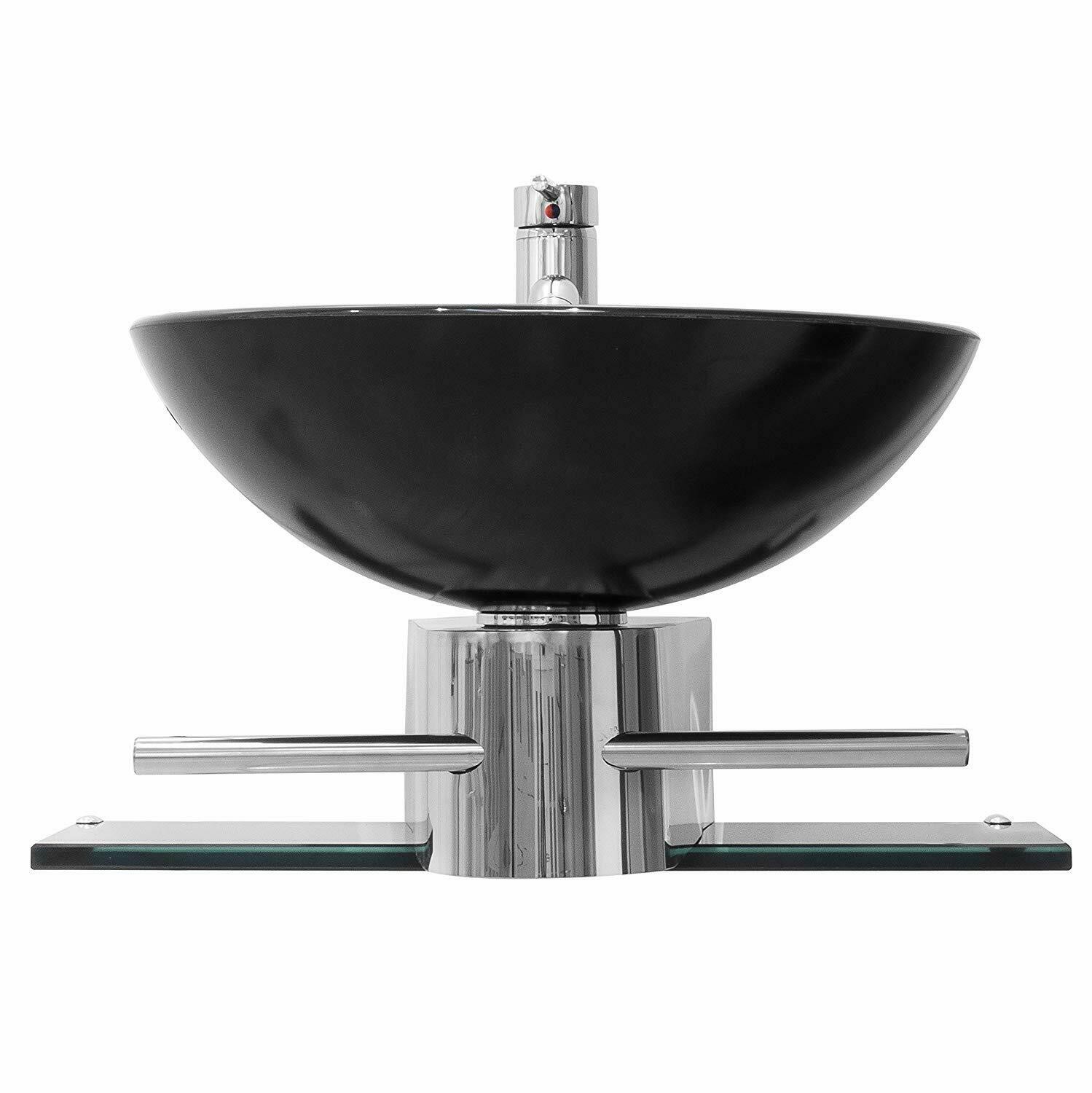 Modern Wall Mount Bathroom Pedestal Vanity Black Glass Bowl Vessel Sink Combo