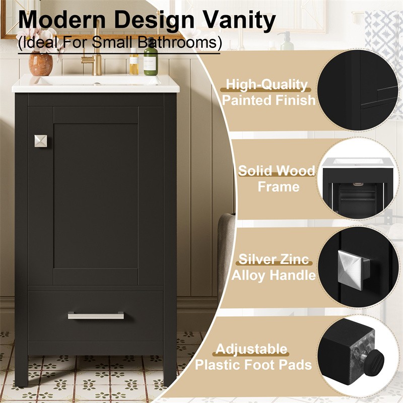 18″ Modern Bathroom Vanity with Ceramic Sink,Soft-Close Drawers & Door Organizer